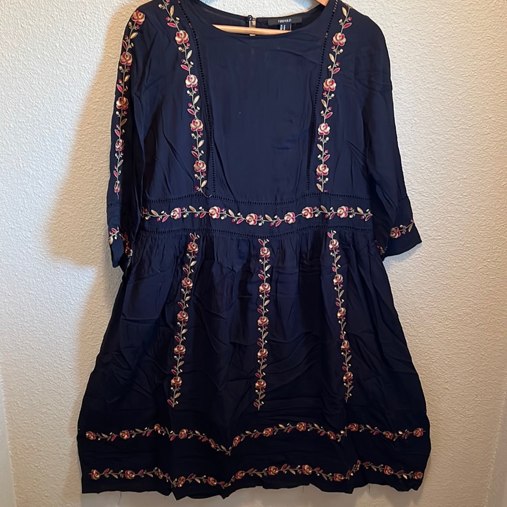Forever 21 slightly oversized Bohemian Embroidered Black and Floral Midi Dress